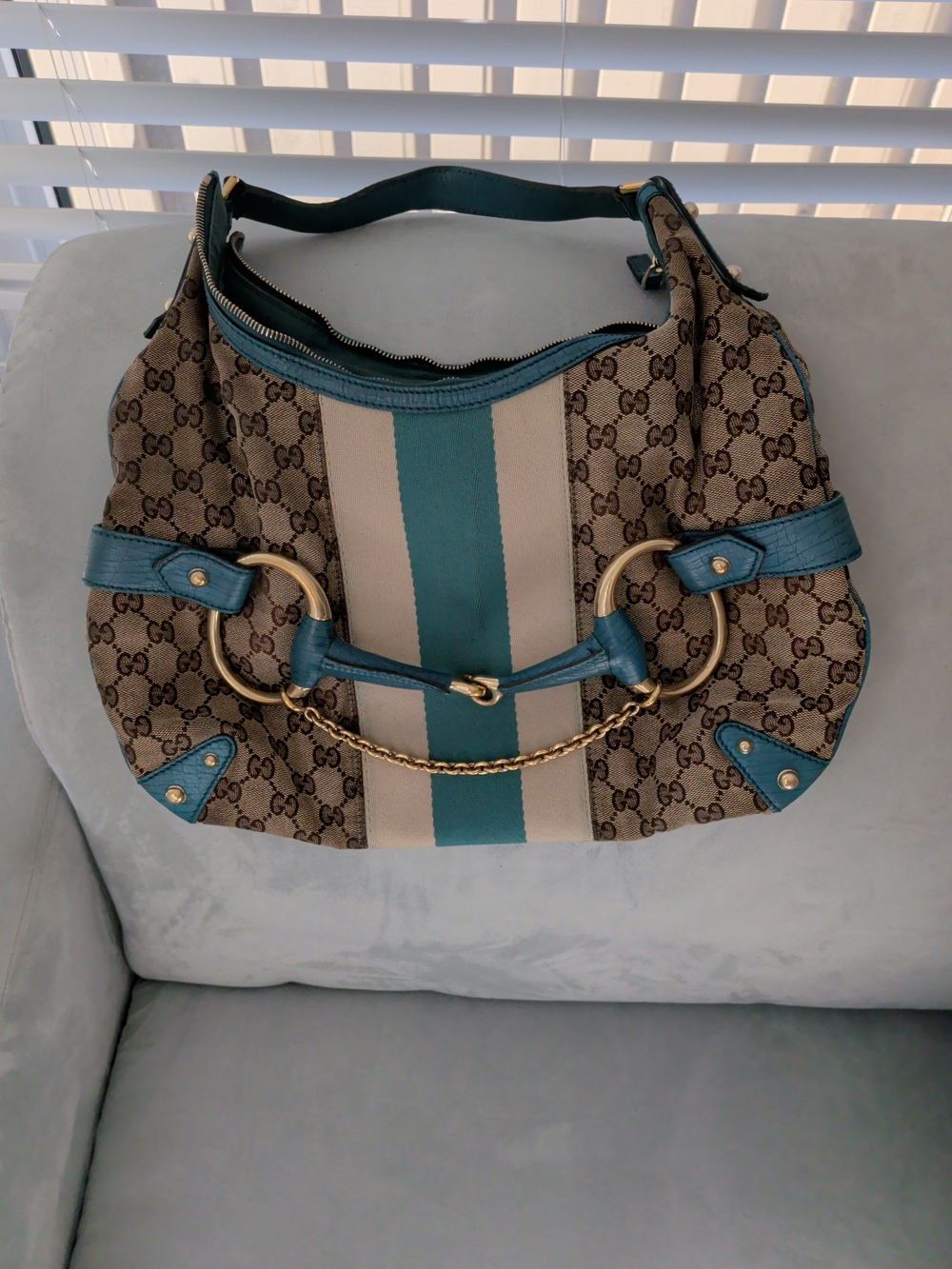 Gucci Blue and Beige GG Canvas Shoulder Bag with Gold Hardware